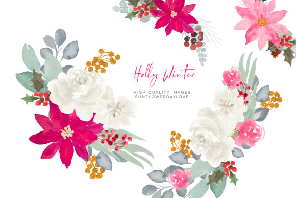 Christmas Magenta Flowers Bouquet Clipart Illustrations
