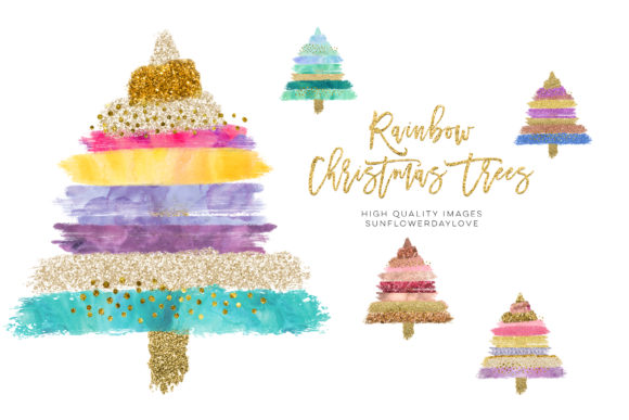 Rainbow Christmas Tree Clipart, Gold Illustrations