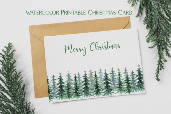 Watercolor Printable Christmas Tree Card Illustrations